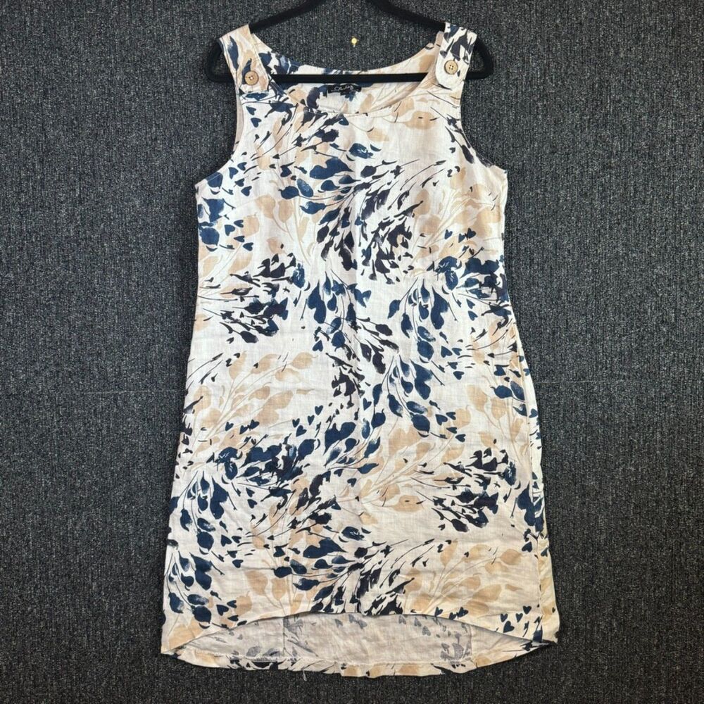 Charlie B Women's Sz M 100% Linen Sleeveless Floral Shift Dress‎ Button Shoulder